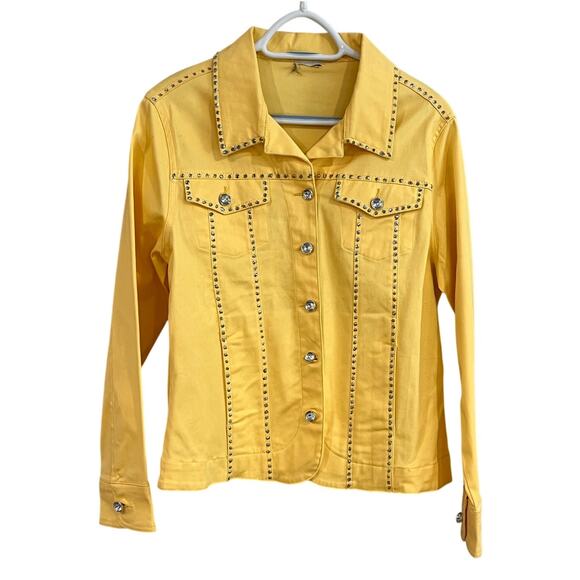 Yellow Rhinestone Studded Western Denim Jacket Snap Buttons Cowboy Rodeo - Picture 1 of 11